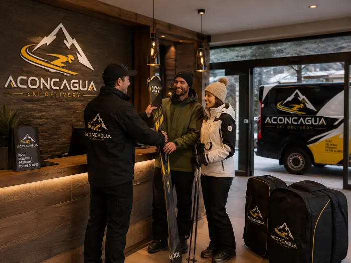 Equipo de Aconcagua entregando esquís a una pareja en la recepción de un hotel de Andorra
